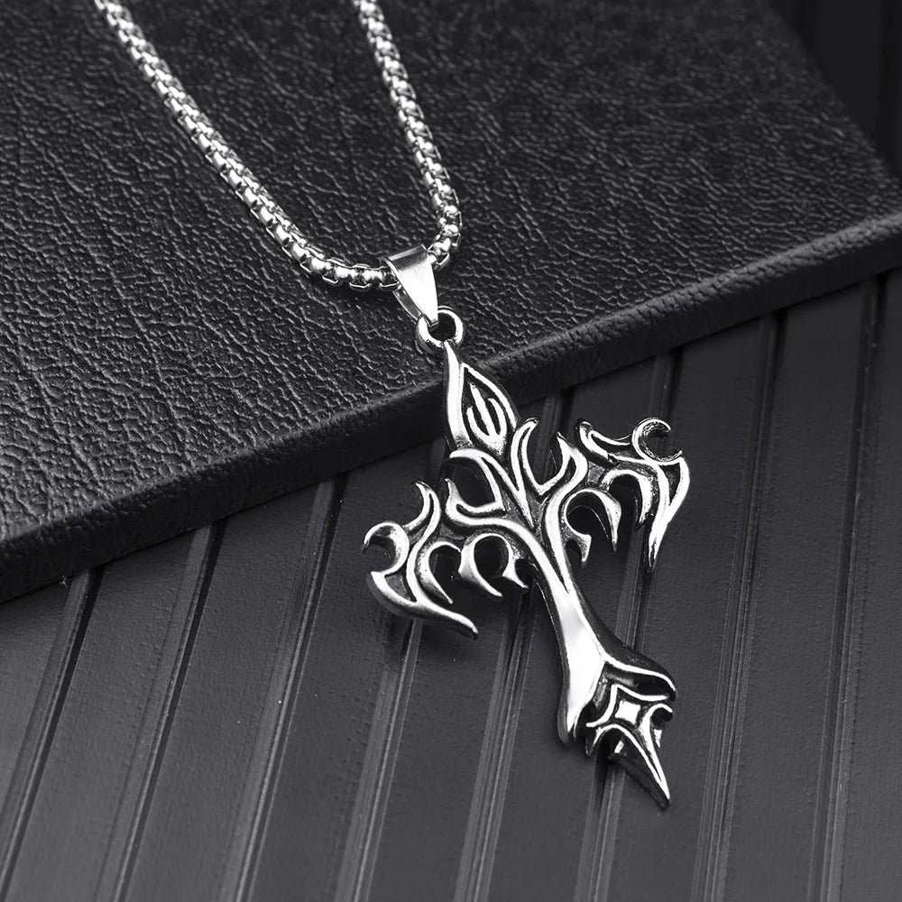 Hip Hop Flame Cross Pendant Necklace Stainless Steel Minimalist Jewelry For Men