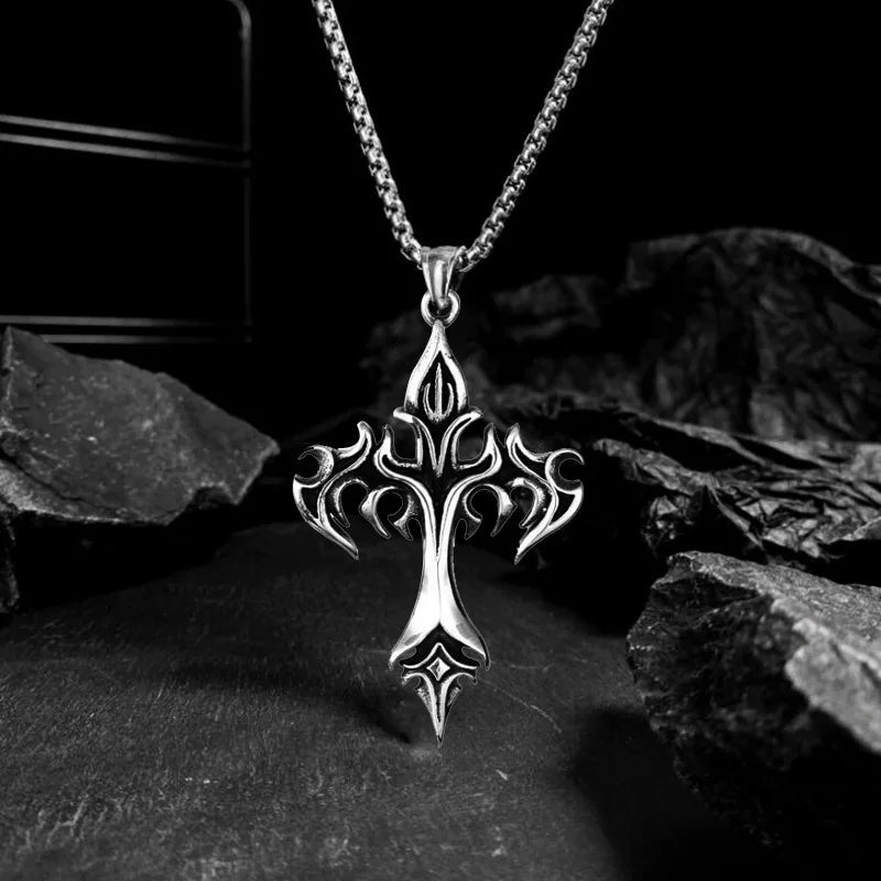 Hip Hop Flame Cross Pendant Necklace Stainless Steel Minimalist Jewelry For Men