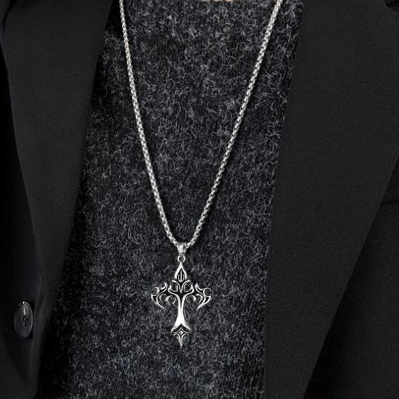 Hip Hop Flame Cross Pendant Necklace Stainless Steel Minimalist Jewelry For Men