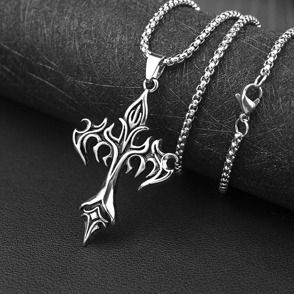 Hip Hop Flame Cross Pendant Necklace Stainless Steel Minimalist Jewelry For Men